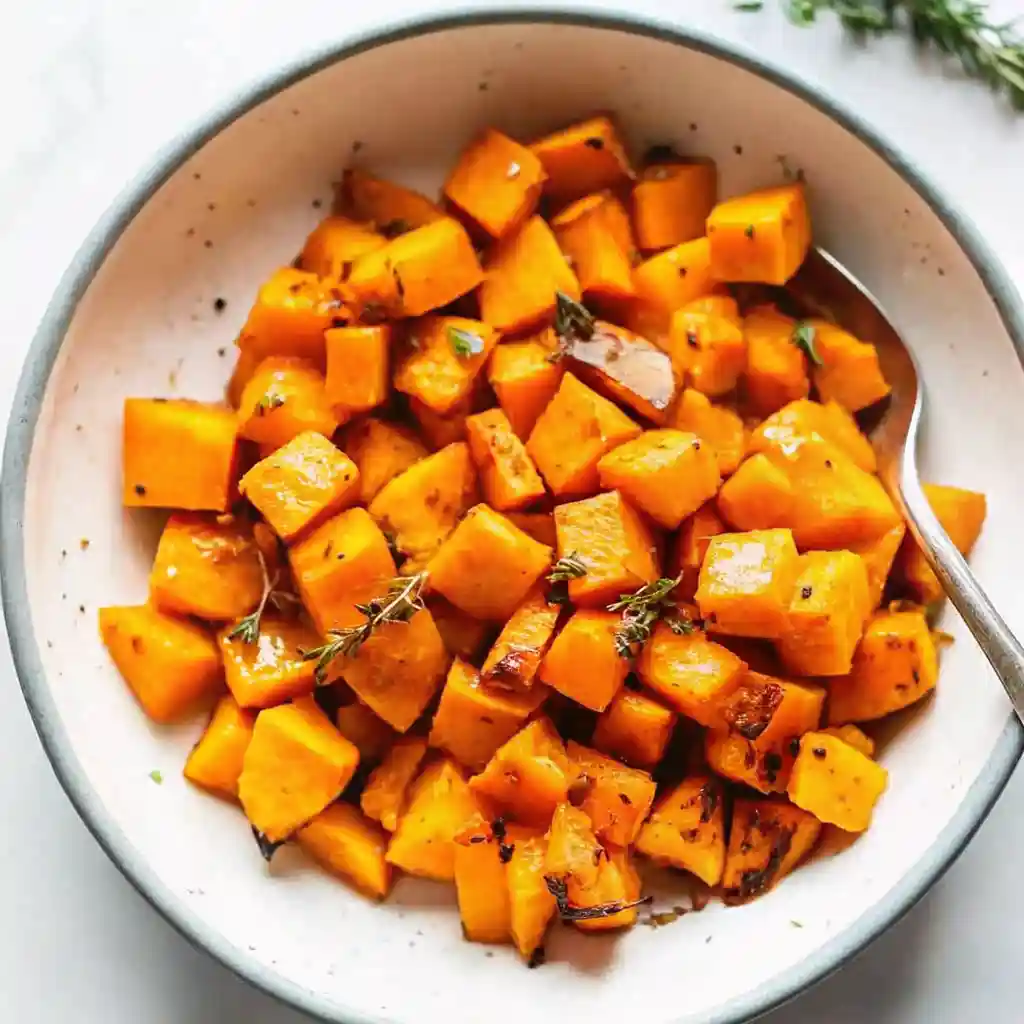 Top-down view of roasted butternut squash cubes with thyme in a white bowl