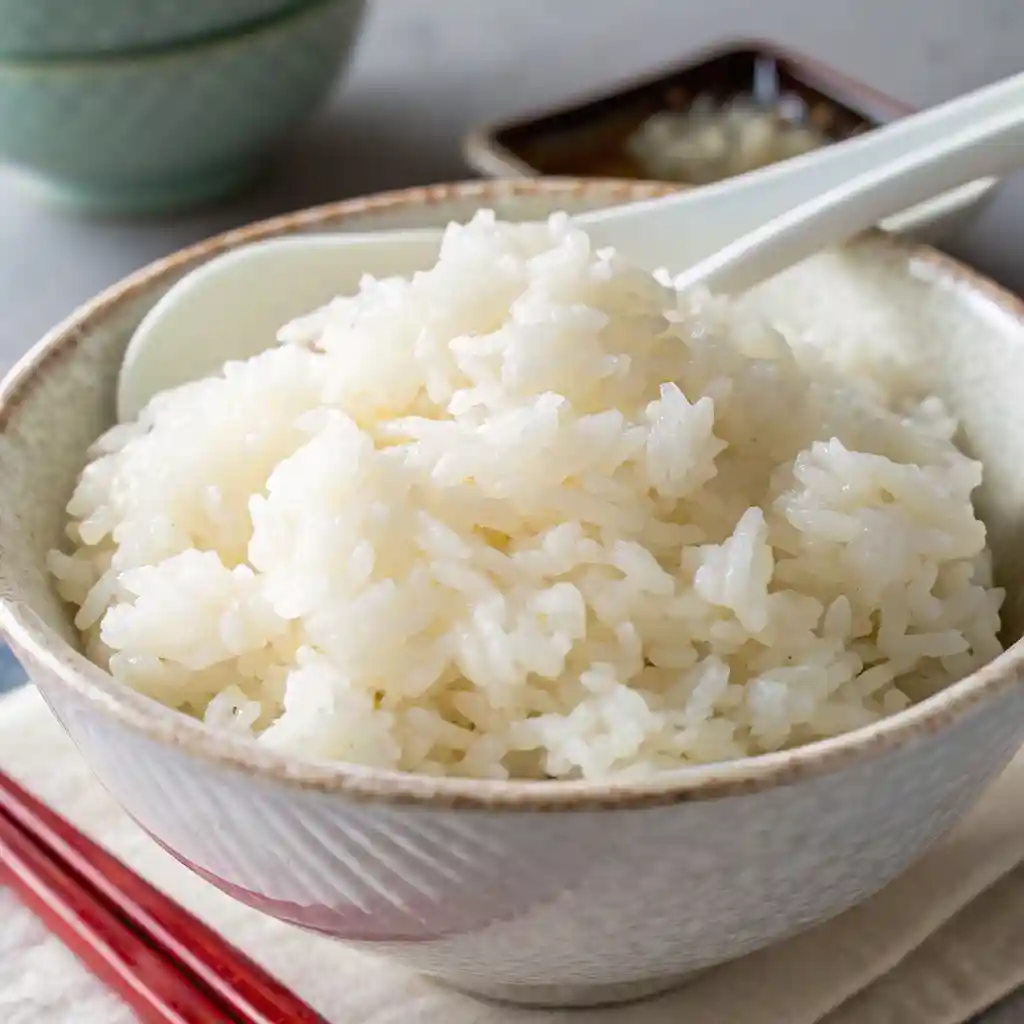 A close-up of perfectly seasoned sushi rice with a soft, sticky texture.