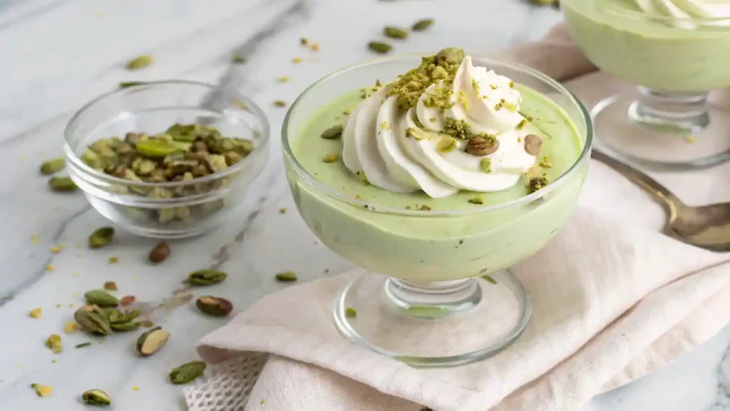 Overhead shot of creamy pistachio pudding in a glass cup topped with whipped cream and chopped pistachios