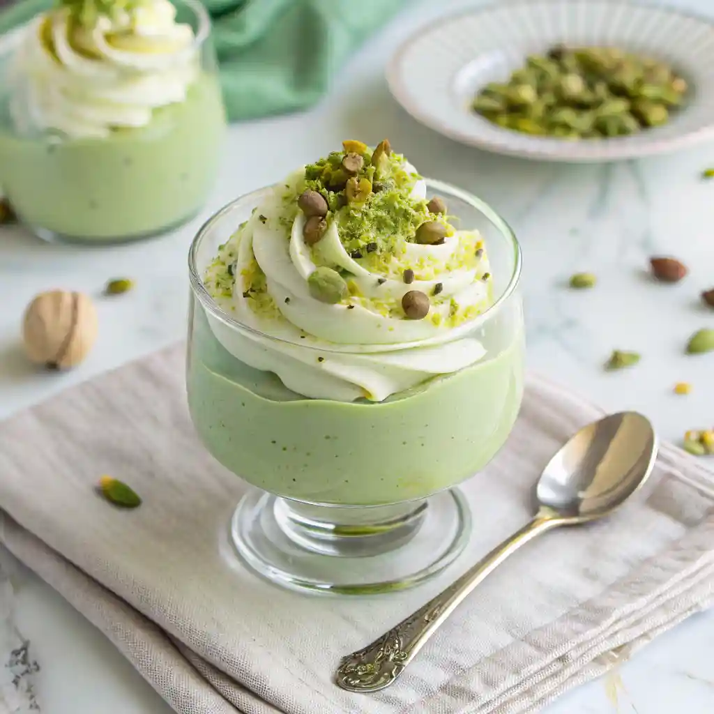 Overhead close-up of pistachio pudding in a glass cup with whipped cream, pistachios, and spoon on marble surface
