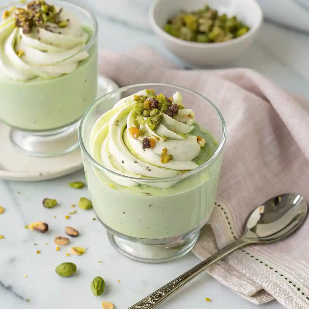 Glass dessert cup with creamy pistachio pudding, whipped cream, and chopped pistachios on a marble surface