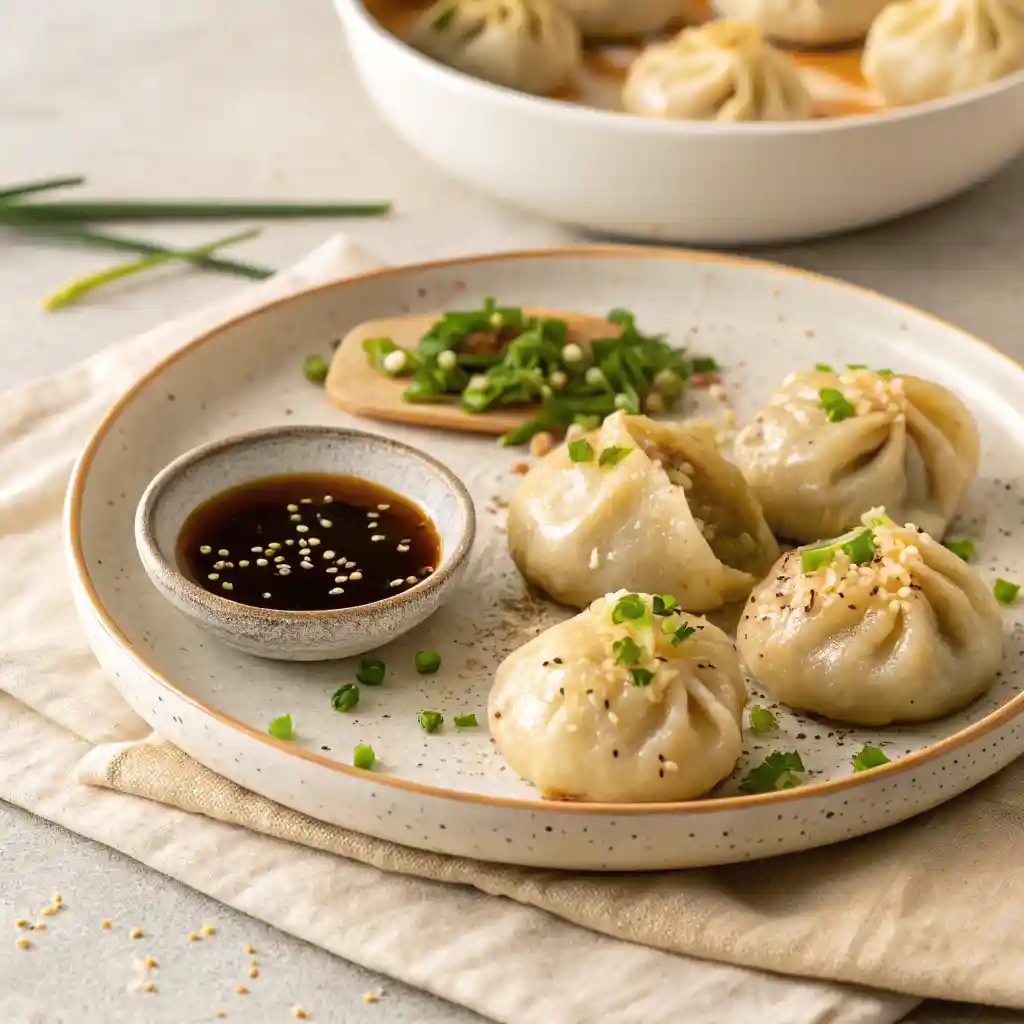 Steamed vegan dumplings on white plate with sesame seeds and green onion garnish, served with soy-vinegar chili sauce, one dumpling open.
