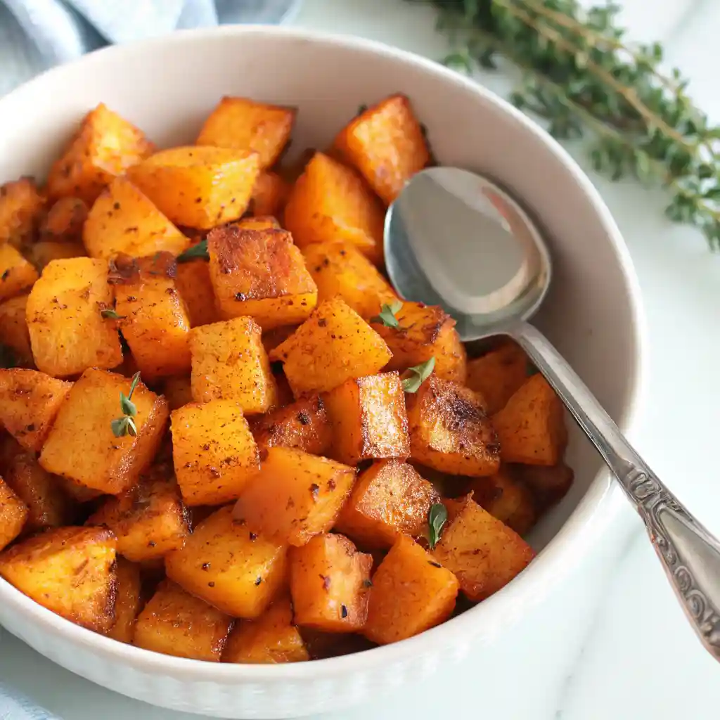 Top-down view of roasted butternut squash cubes with thyme in a white bowl