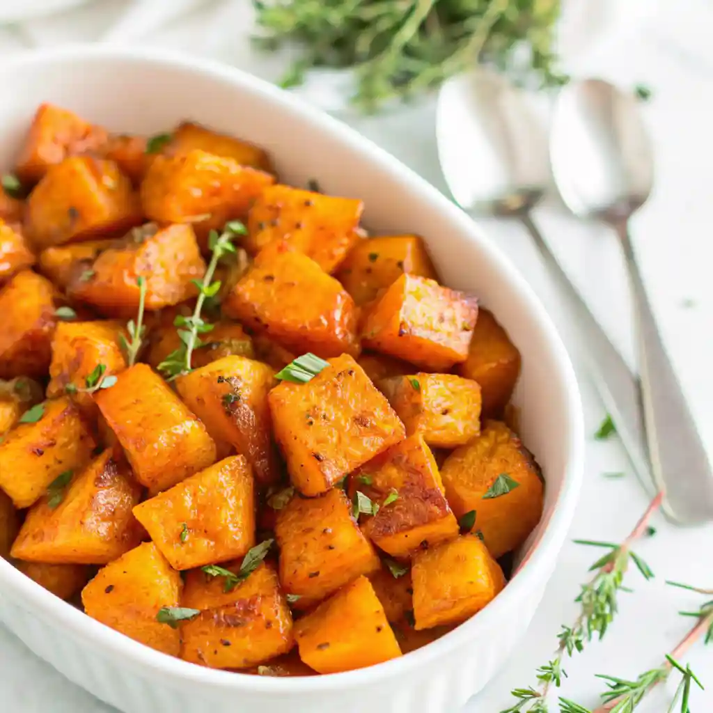 Bowl of caramelized roasted butternut squash with fresh herbs