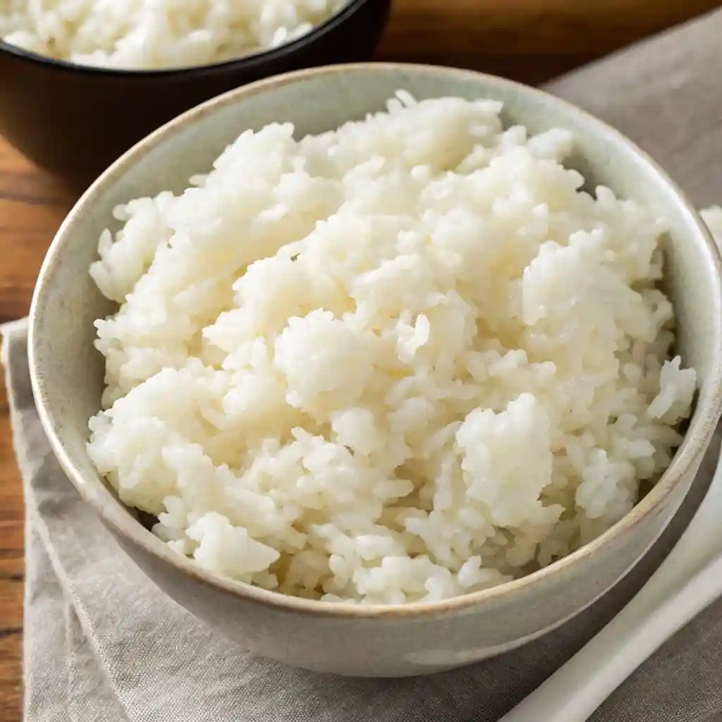 Top-down view of freshly cooked sushi rice in a ceramic bowl with a rice spoon.