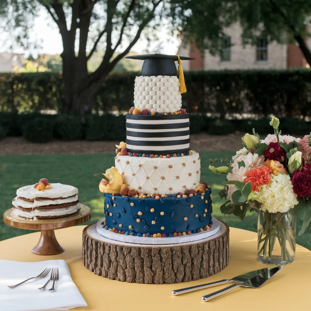 Tiered high school graduation cakes featuring chocolate layers, fondant caps, tassels, and diploma rolls on a white tablecloth.