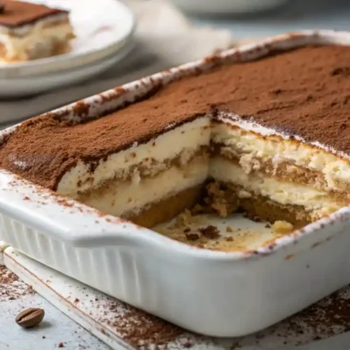 Slice of homemade tiramisu showing layers of mascarpone cream and espresso-soaked ladyfingers, topped with cocoa powder on a white plate.