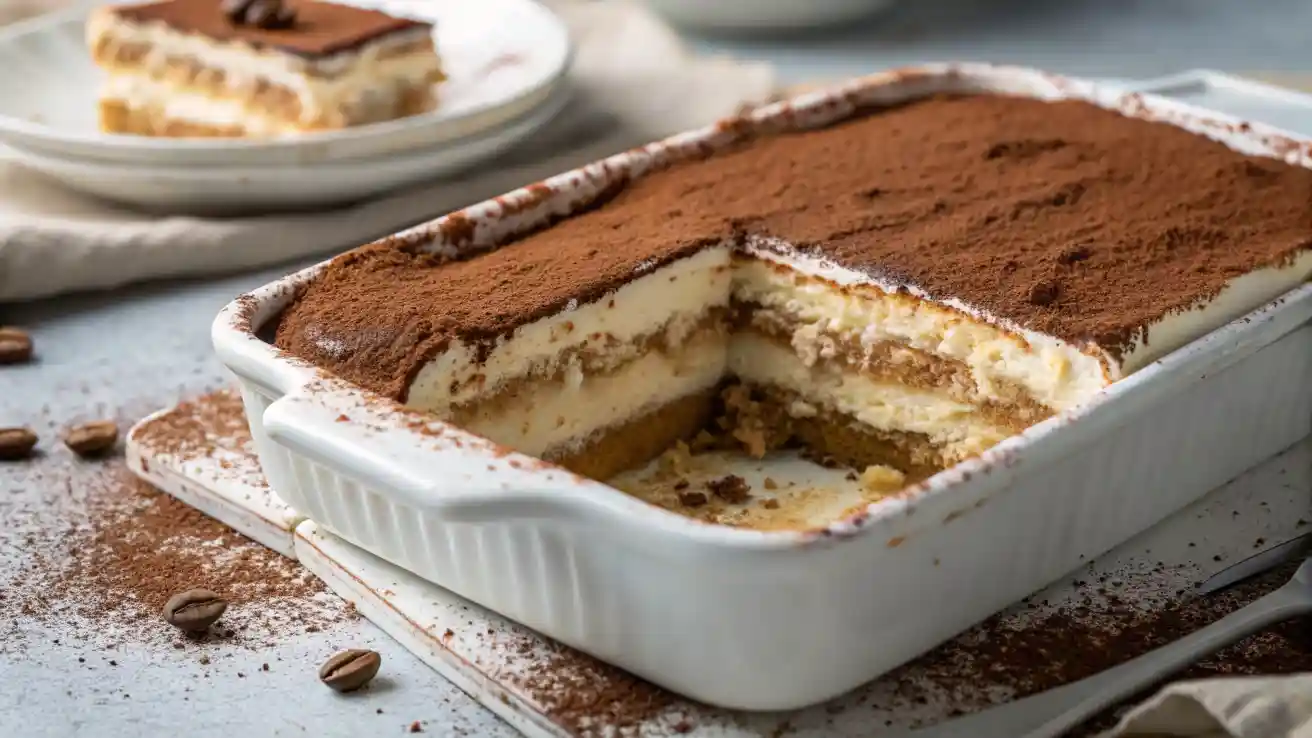 Slice of homemade tiramisu showing layers of mascarpone cream and espresso-soaked ladyfingers, topped with cocoa powder on a white plate.