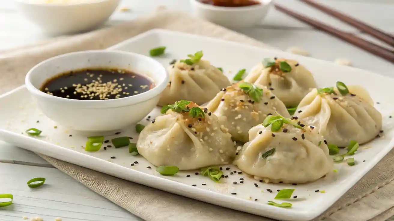 Vegan soup dumplings on white plate with green onion, sesame seeds, and dipping sauce, one cut open to show juicy plant-based filling.