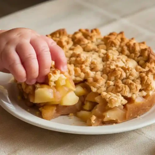 Apple crumble recipe for babies served on a white plate with a baby’s hand holding a small piece.