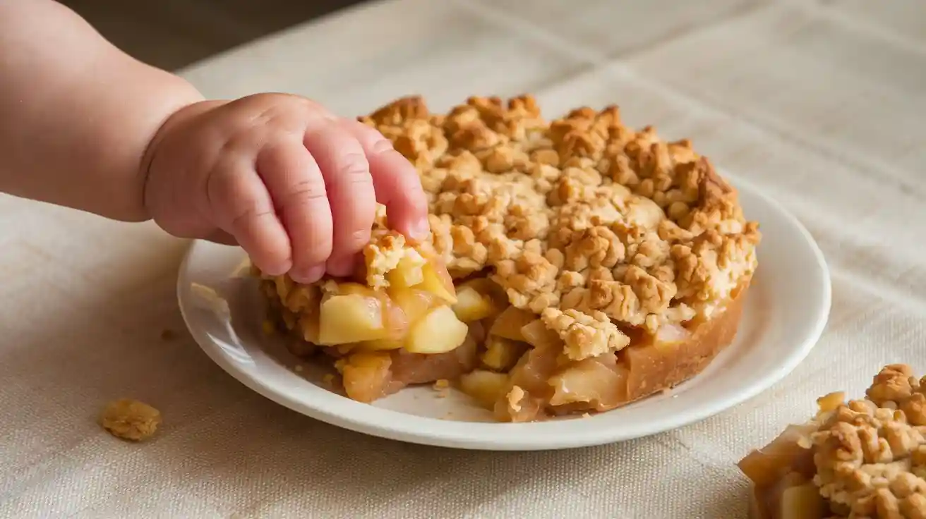 Apple crumble recipe for babies served on a white plate with a baby’s hand holding a small piece.