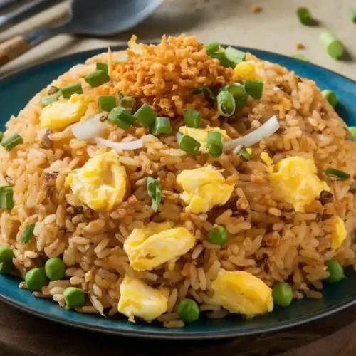 Authentic Anjappar Egg Fried Rice recipe served on a wooden board, garnished with green onions and crispy fried rice.