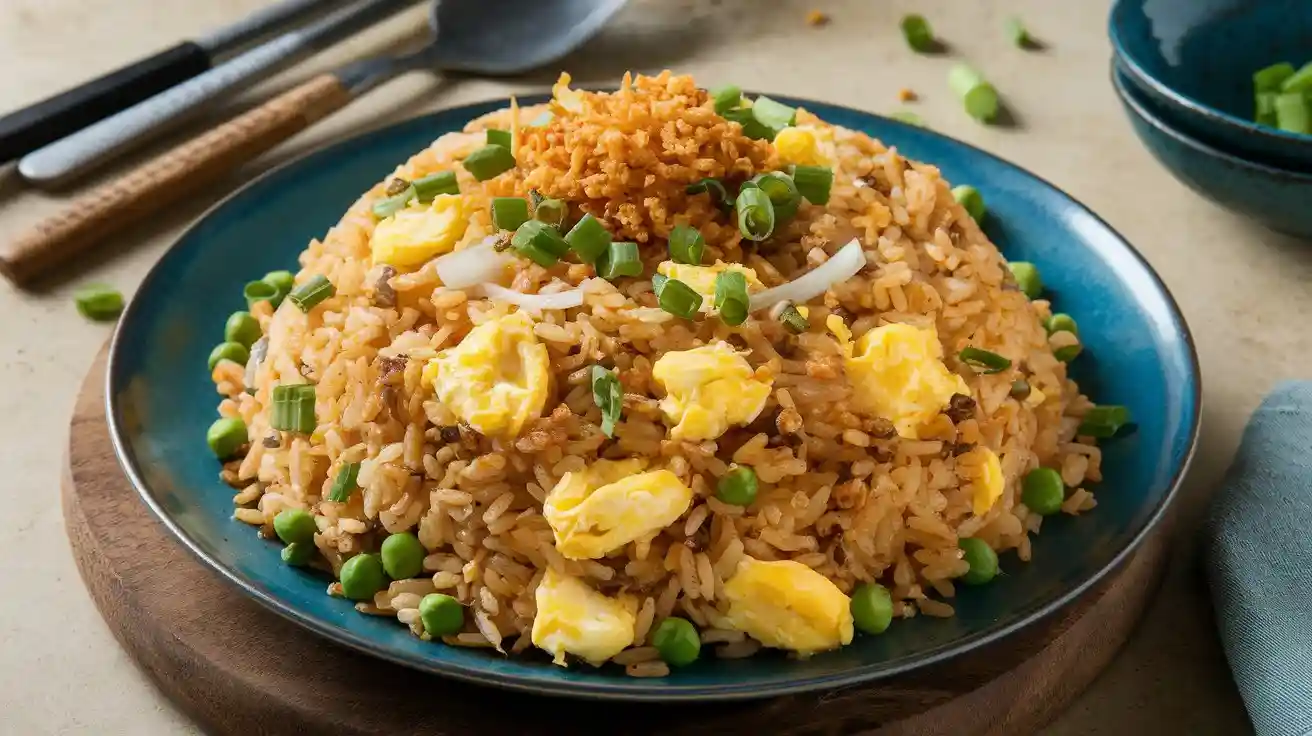 Authentic Anjappar Egg Fried Rice recipe served on a wooden board, garnished with green onions and crispy fried rice.