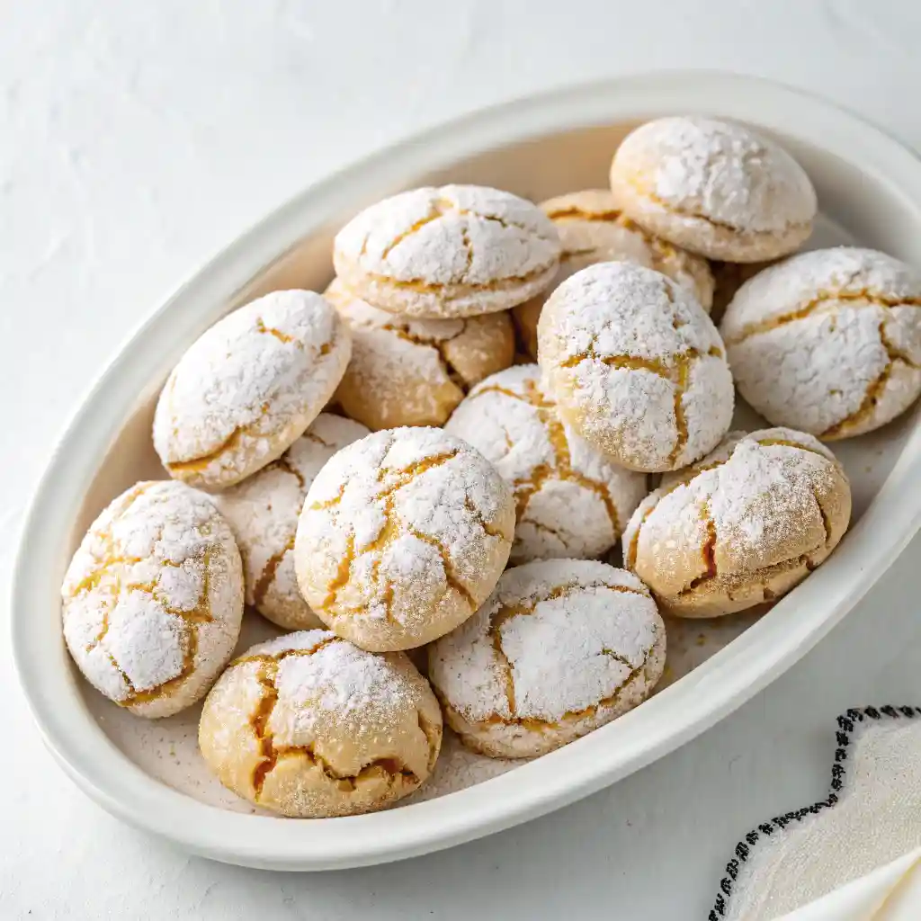 Ricciarelli Italian almond cookies on a white oval ceramic platter, dusted with powdered sugar and cracked on top.