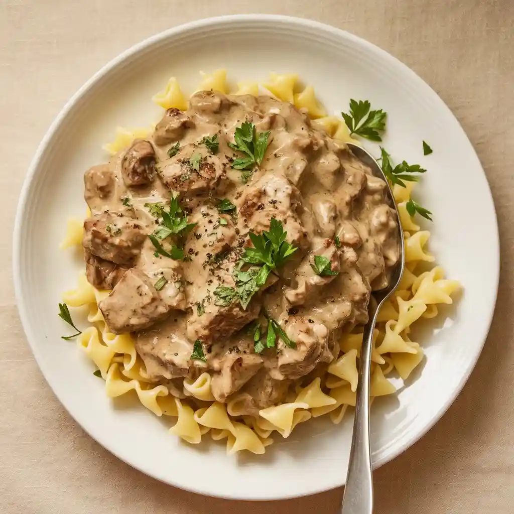 A white plate with golden-brown beef stroganoff served over pasta, garnished with fresh parsley, and a side of pasta, set against a beige backdrop.