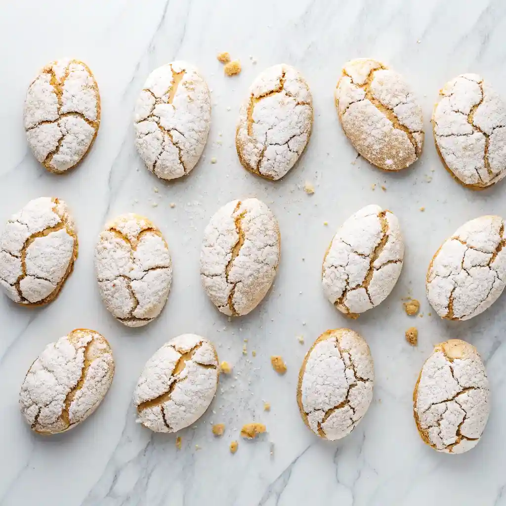 Flat lay of oval Italian almond cookies (Ricciarelli) on white marble, with cracked tops and powdered sugar.