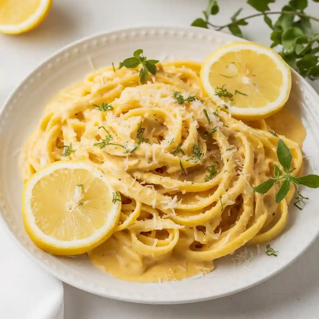 Plate of lemon parmesan pasta with lemon zest, parmesan cheese, and fresh herbs, served on a white plate.