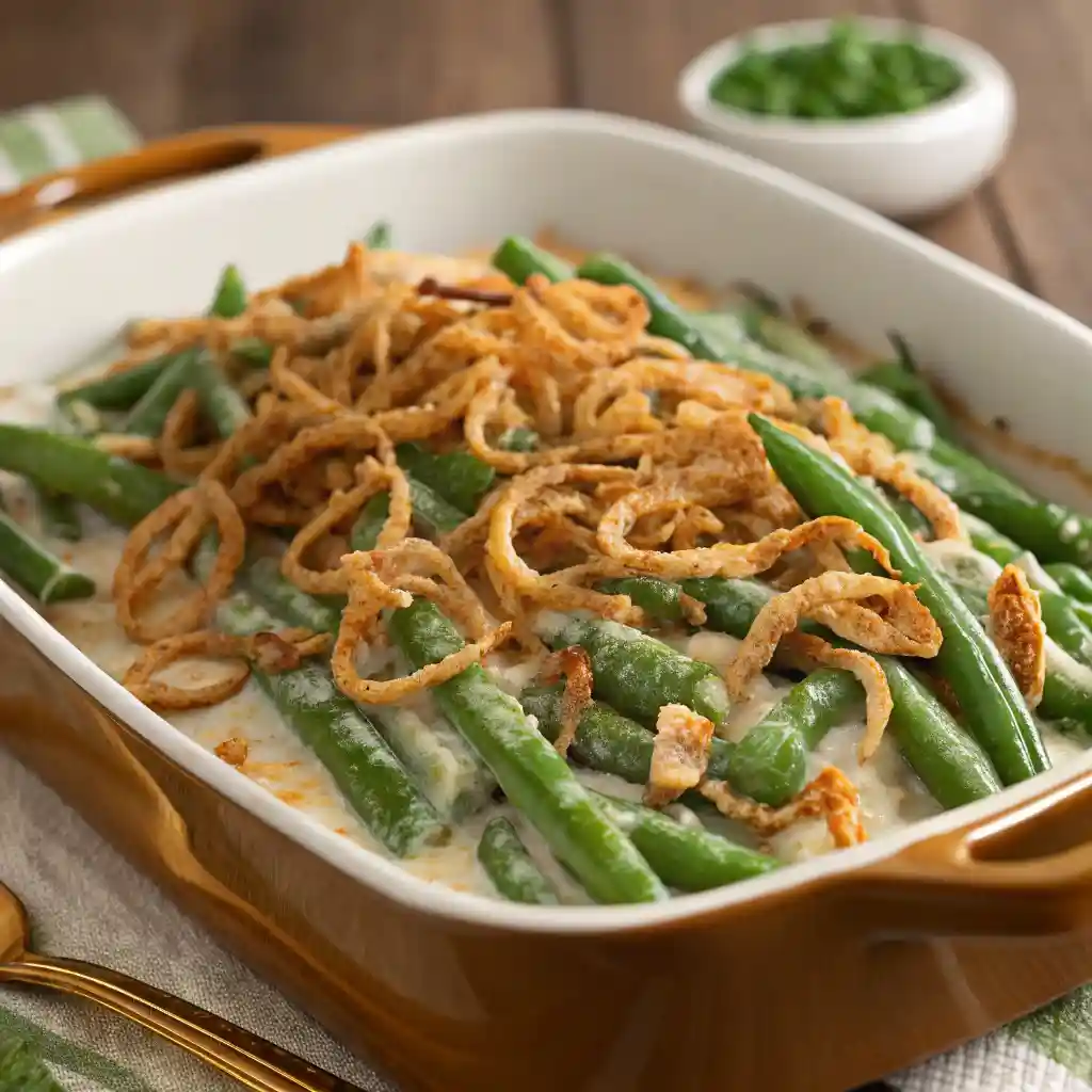 Tasty green bean casserole recipe with golden-brown crispy onions on top.