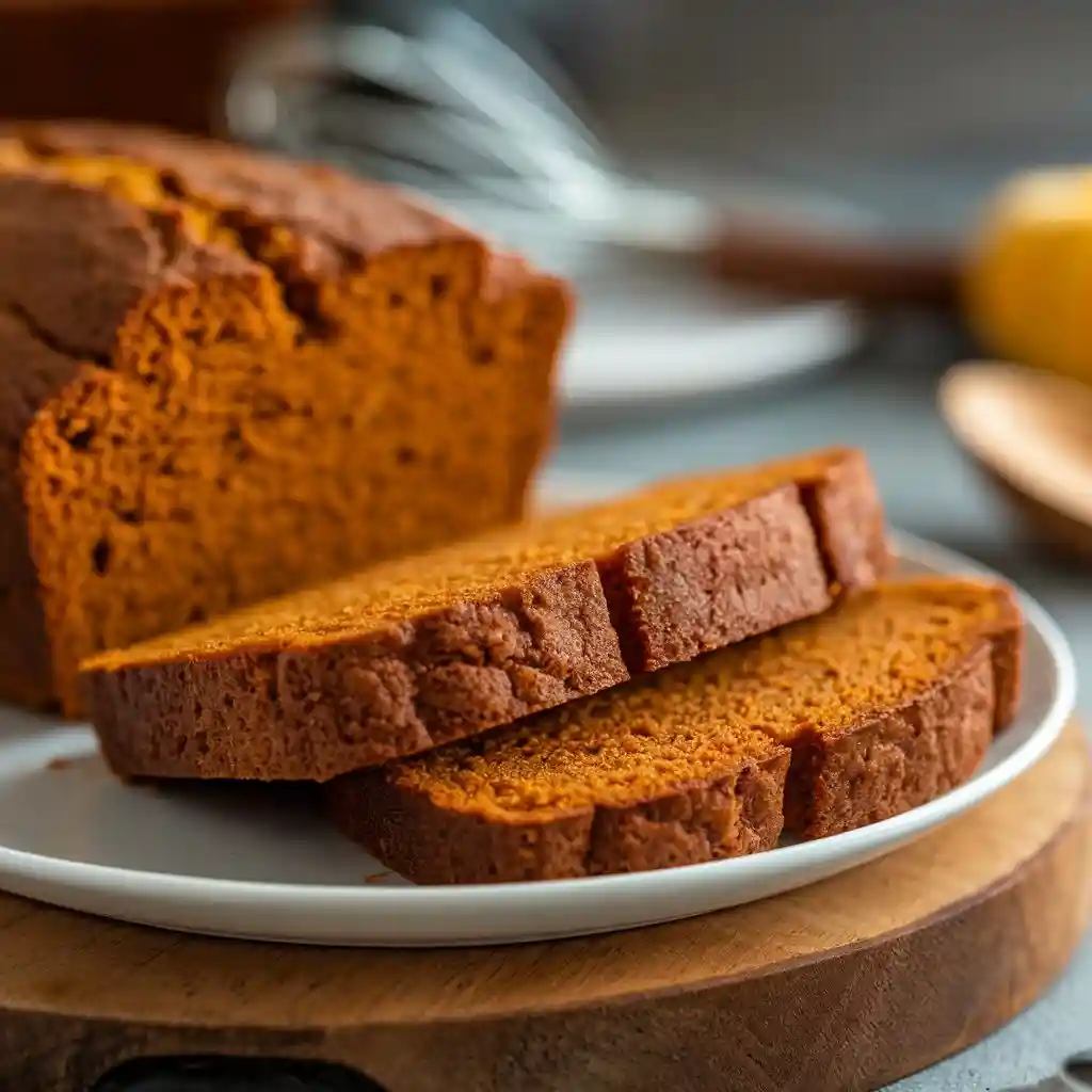 Moist pumpkin bread recipe on a white plate, placed on a wooden board, with soft lighting and a blurred kitchen background featuring a whisk and wooden spoon.