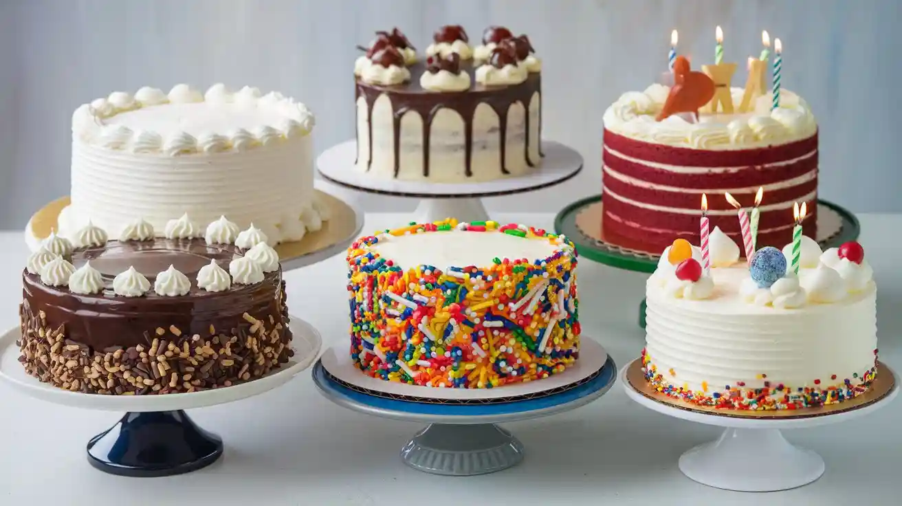 An assortment of five birthday cakes on individual stands, including vanilla, chocolate, funfetti, red velvet, and DIY-themed birthday cakes.