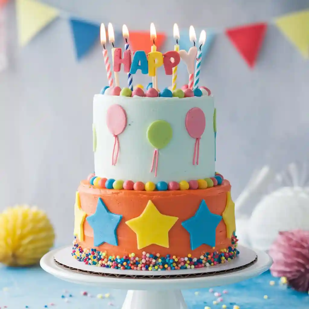 A vibrant two-tiered DIY-themed birthday cake with buttercream frosting, stars, polka dots, balloons, and a personalized topper on a white stand.