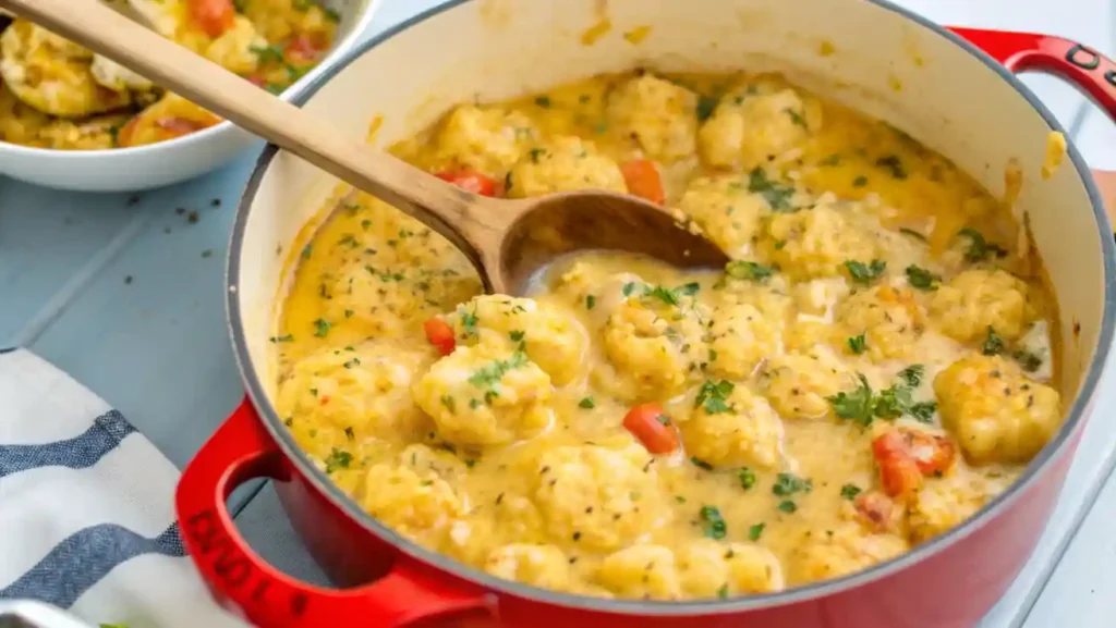 A skillet filled with creamy chicken and dumplings, featuring fluffy drop dumplings simmered in a rich golden broth with chicken, carrots, and celery.