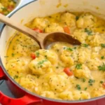 A skillet filled with creamy chicken and dumplings, featuring fluffy drop dumplings simmered in a rich golden broth with chicken, carrots, and celery.
