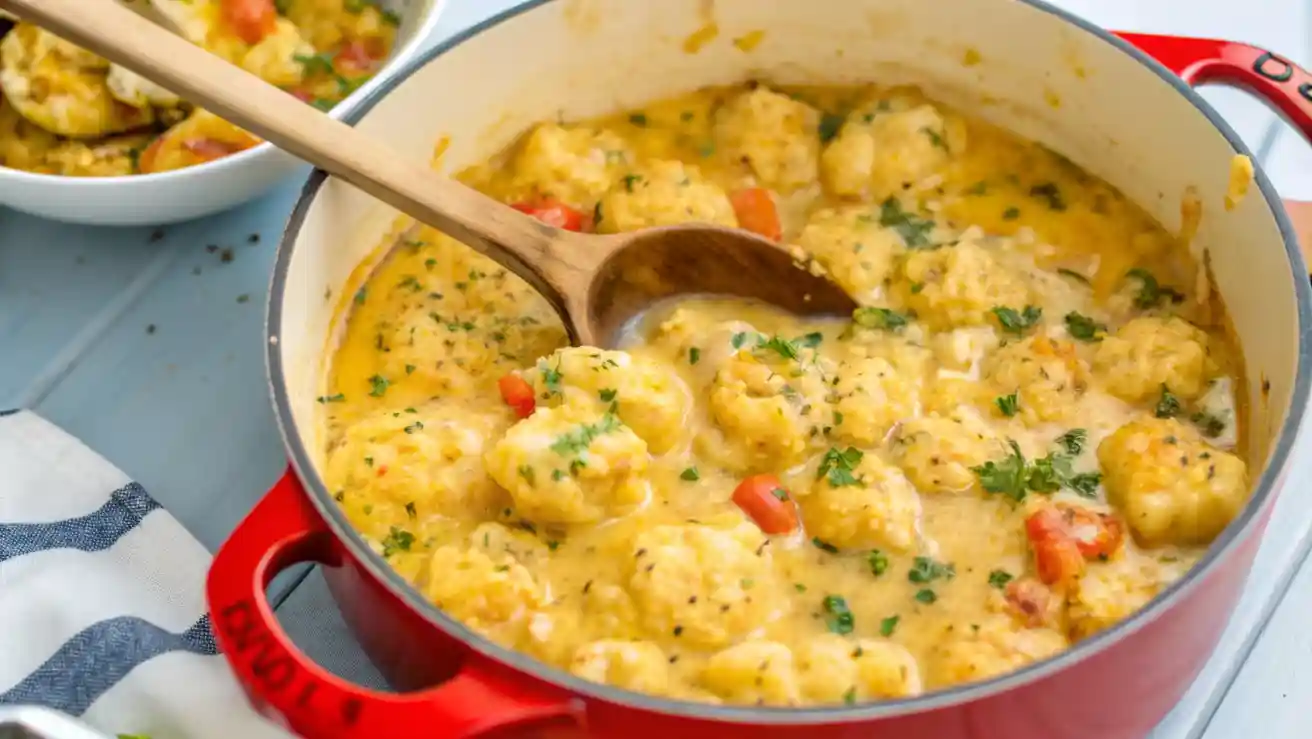 A skillet filled with creamy chicken and dumplings, featuring fluffy drop dumplings simmered in a rich golden broth with chicken, carrots, and celery.