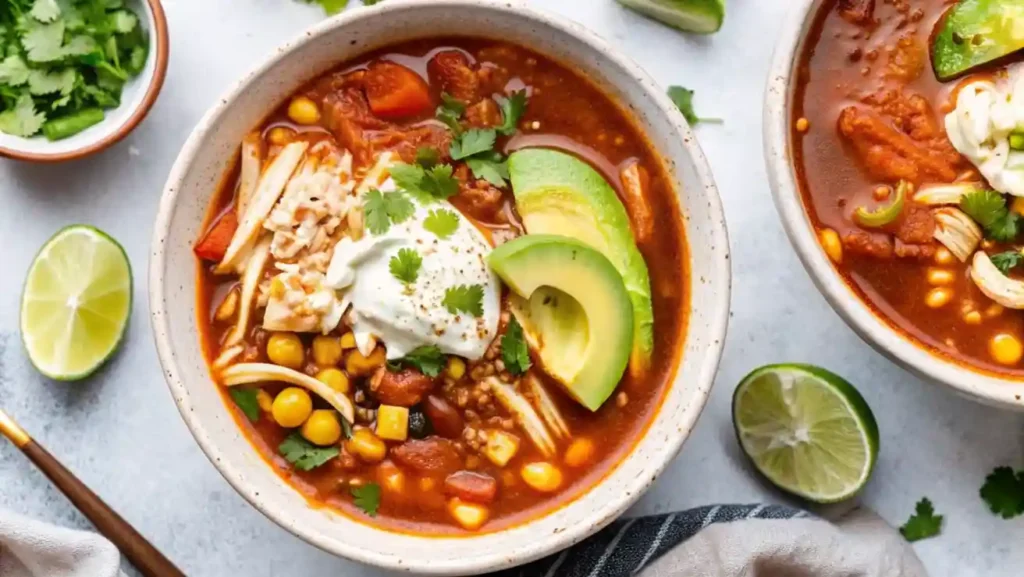Overhead close-up of chicken taco soup in a rustic bowl, topped with avocado, cheese, jalapeños, sour cream, cilantro, and lime.