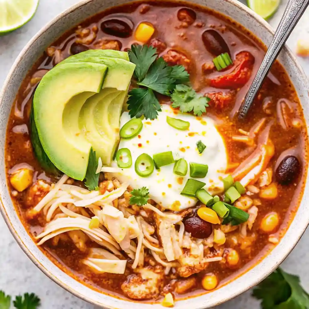 Rustic bowl of chicken taco soup topped with avocado slices, sour cream, shredded cheese, lime wedge, and cilantro.
