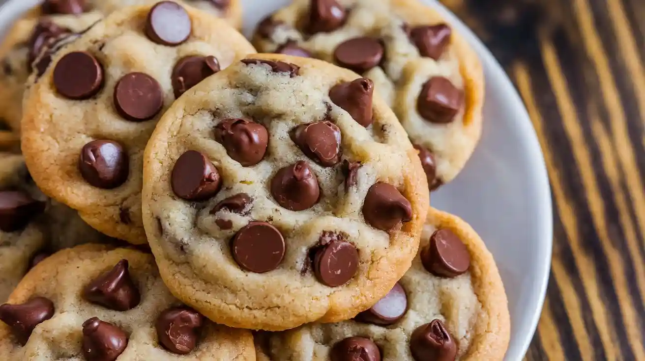 Close-up of a plate of golden brown chocolate chip cookies with crispy edges and plenty of chocolate chips, set on a wooden surface.