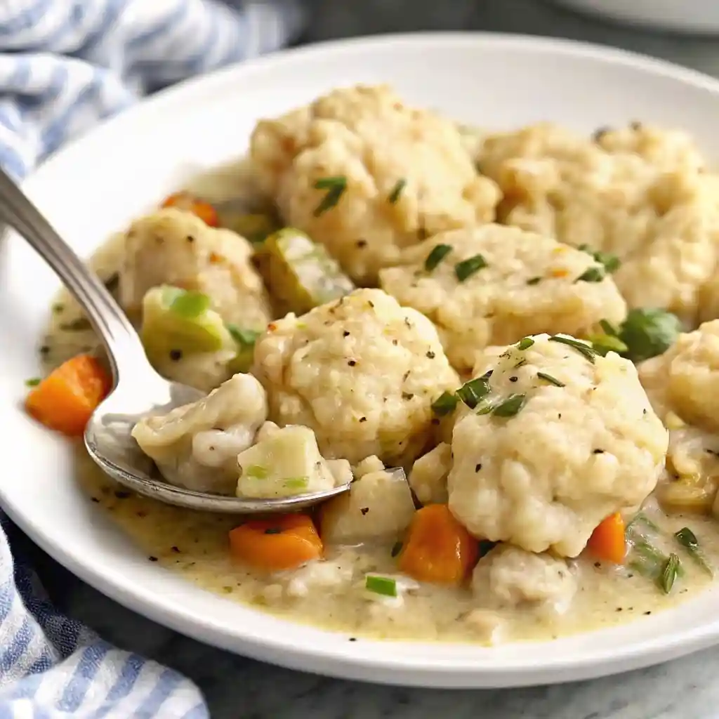 Side-angle view of a white bowl filled with creamy chicken and dumplings, showing fluffy dumplings, tender chicken, and vegetables in a rich broth.
