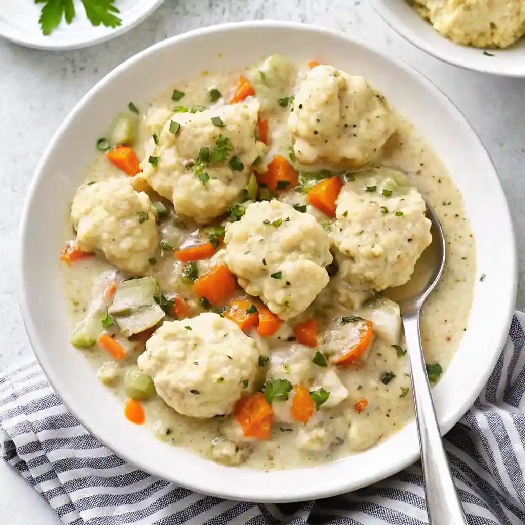 Close-up overhead shot of creamy chicken and dumplings in a white bowl with vegetables, parsley, and a spoon.