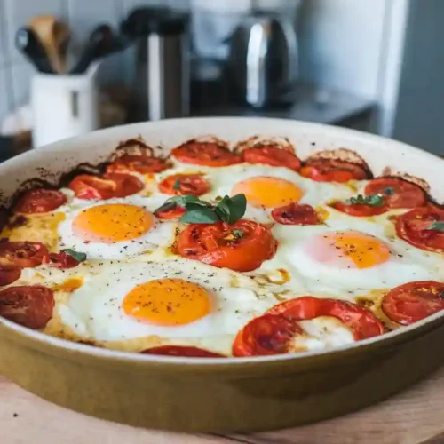 Cozy casserole dish of baked feta eggs with golden eggs, melted feta cheese, and baked tomato slices, served on a wooden board in a modern kitchen.