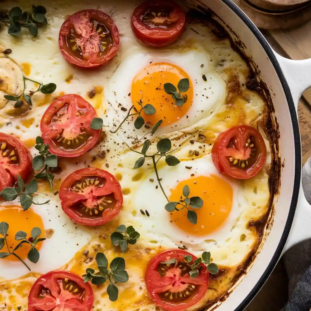 Close-up shot of a cozy casserole dish of baked feta eggs with golden, runny eggs, melted feta cheese, and tender tomato slices in a warm, modern kitchen.