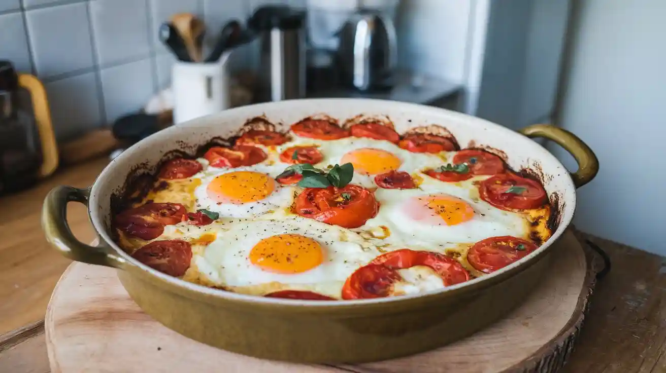 Cozy casserole dish of baked feta eggs with golden eggs, melted feta cheese, and baked tomato slices, served on a wooden board in a modern kitchen.