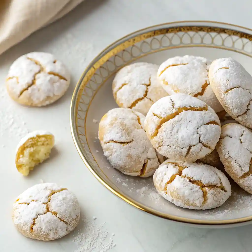 Ricciarelli almond cookies on a vintage porcelain plate with a gold rim and powdered sugar topping.