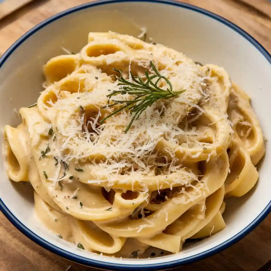 Bowl of pasta with creamy cheese sauce, topped with grated Parmesan and fresh herbs, served on a wooden board.