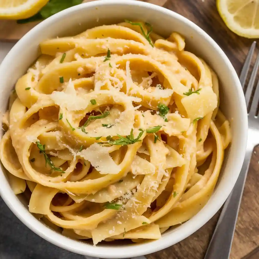 Bowl of Lemon Parmesan Pasta with lemon zest, cheese shavings, and a fork, served on a wooden surface.