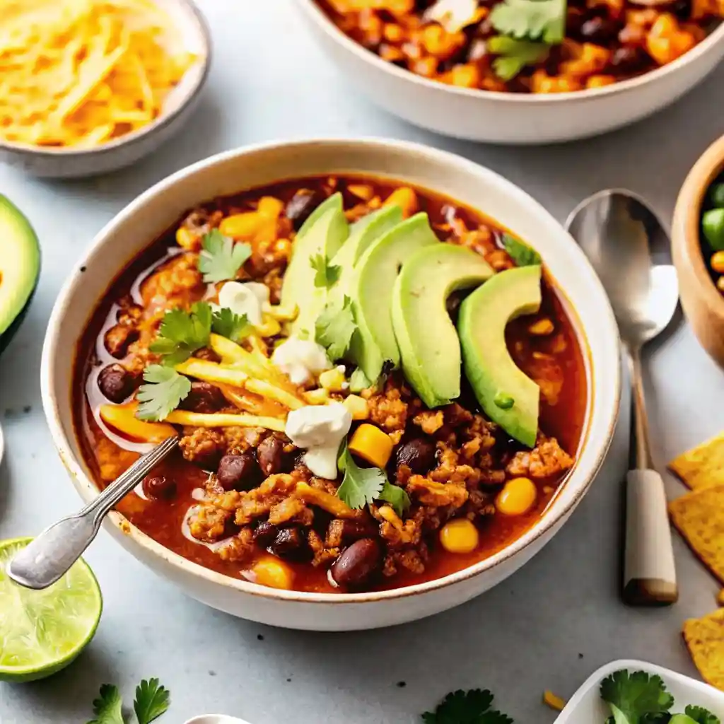 Overhead view of turkey chili recipe in white bowls with cheddar, avocado, and cilantro on a light gray background