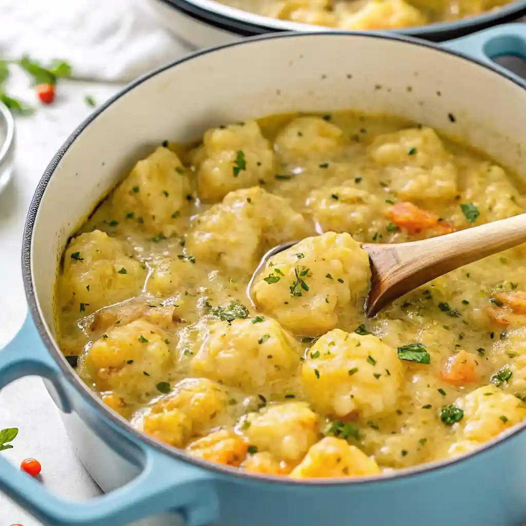 Side-angle view of creamy chicken and dumplings in a blue skillet, with golden drop dumplings, chicken, and vegetables in a thick broth.