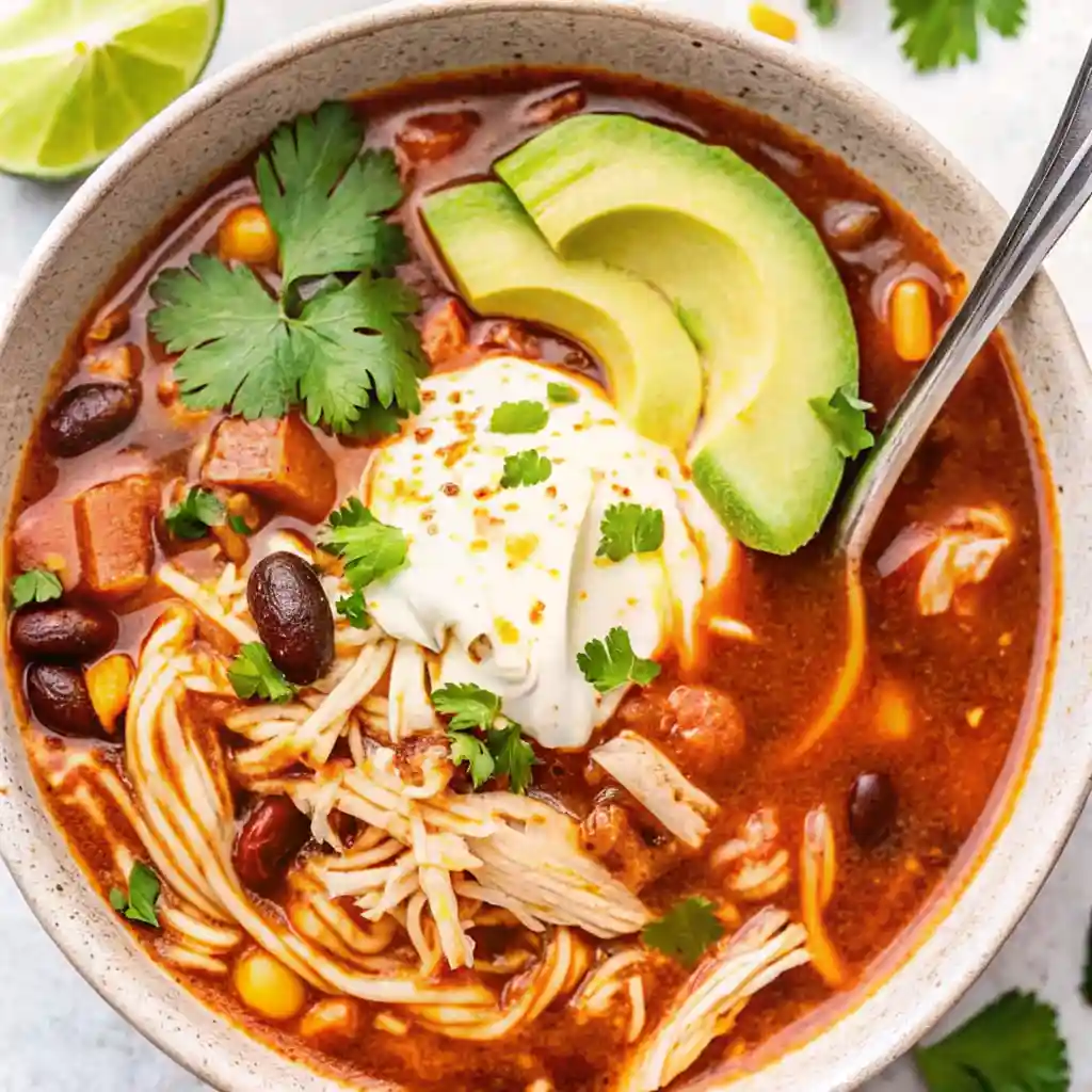 Hearty chicken taco soup with avocado, shredded cheese, sour cream, lime, and cilantro served in a rustic-style bowl.
