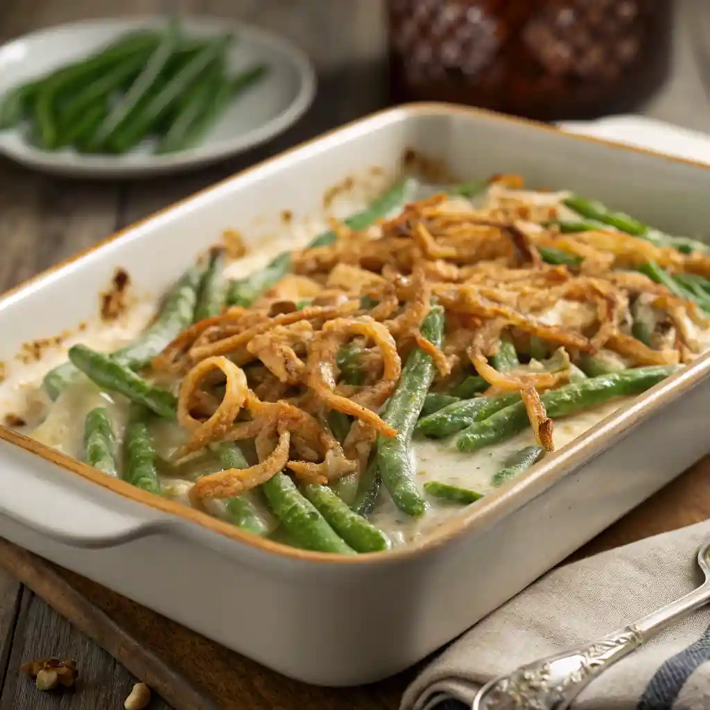 Green bean casserole recipe with creamy sauce and crispy onion topping.