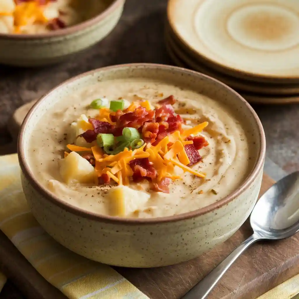 Bowl of loaded baked potato soup with cheddar cheese, bacon, and green onions, served on a rustic board with a spoon.