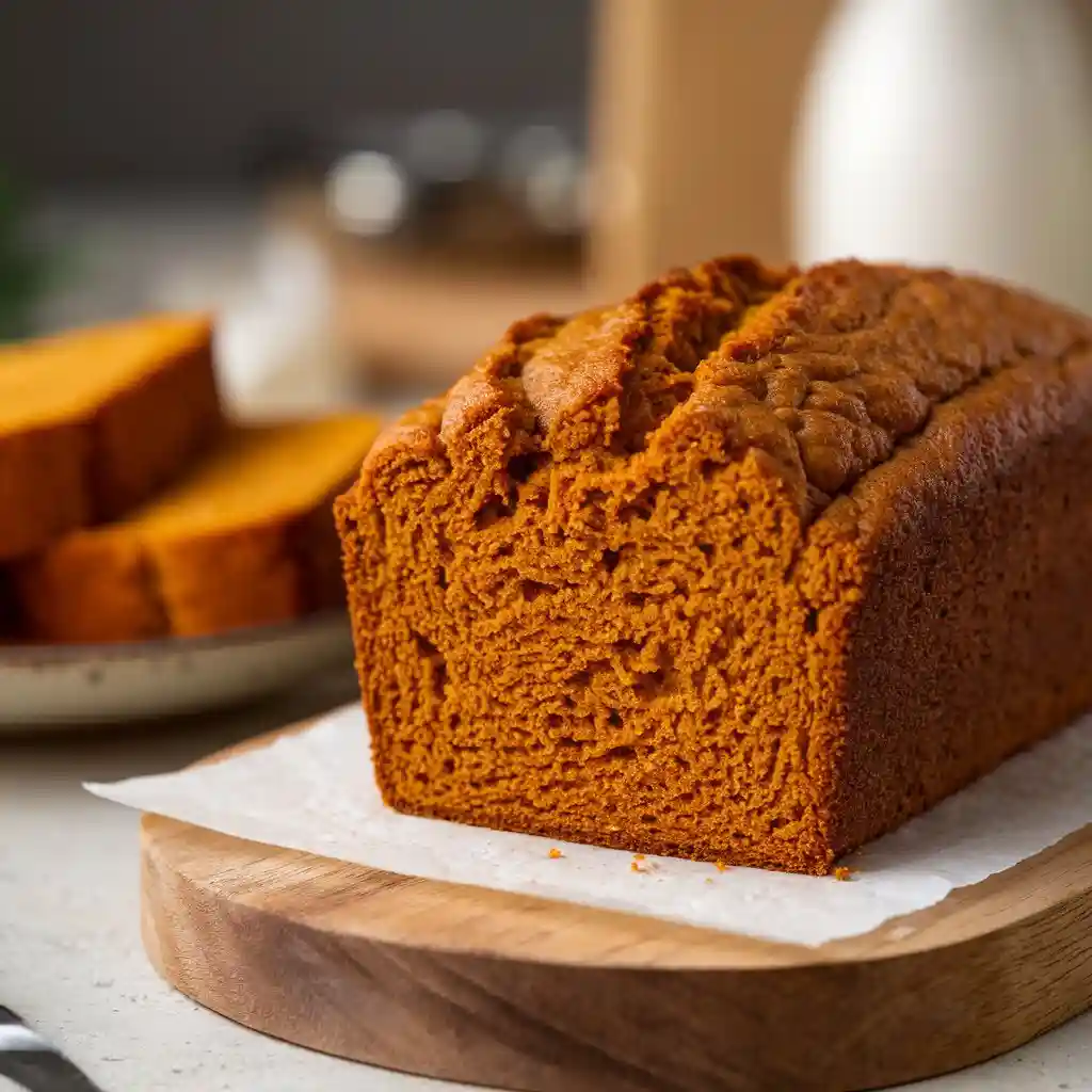 A loaf of moist pumpkin bread recipe on a wooden board with slices on a plate, showcasing a golden-brown crust and dense, orange interior.