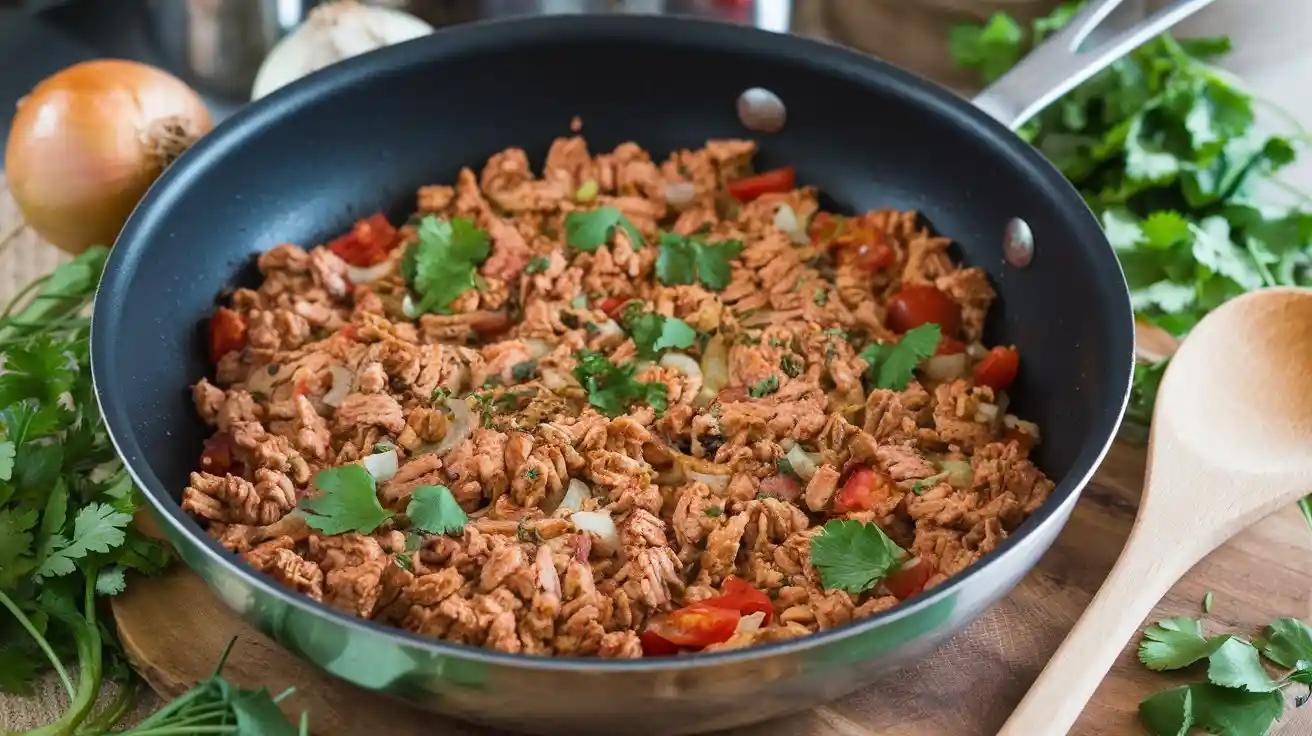 A flavorful Ground Chicken Recipe in a pan, cooked with onions, garlic, tomatoes, and spices, garnished with fresh herbs on a wooden board.