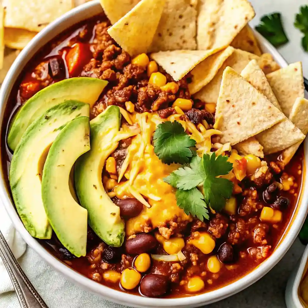 Close-up of turkey chili recipe with cheese, avocado, and cilantro in a white bowl on a speckled surface