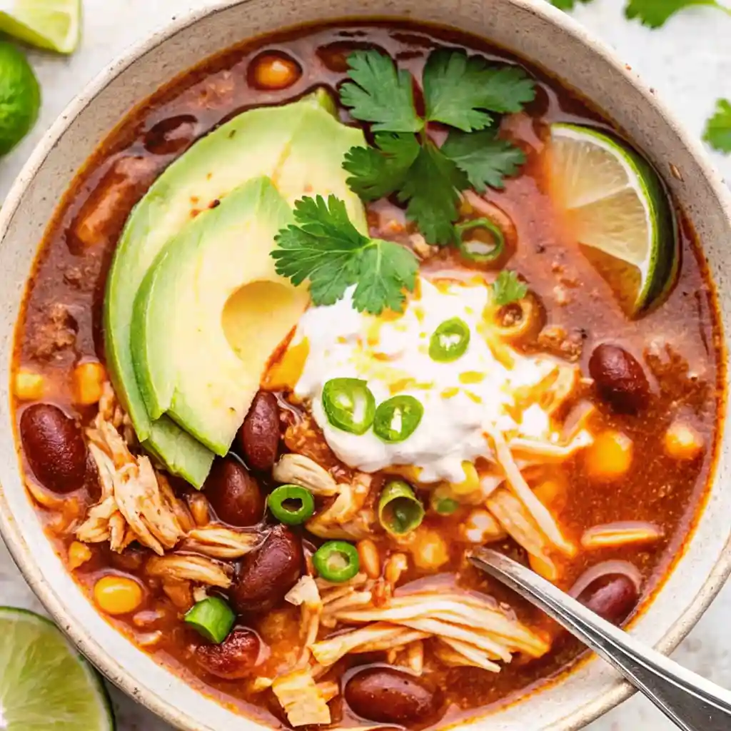 Chicken taco soup in a rustic bowl topped with avocado, shredded cheese, sour cream, lime wedge, and fresh cilantro.