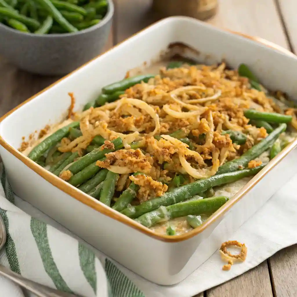 Green bean casserole recipe topped with crispy fried onions and a creamy sauce.