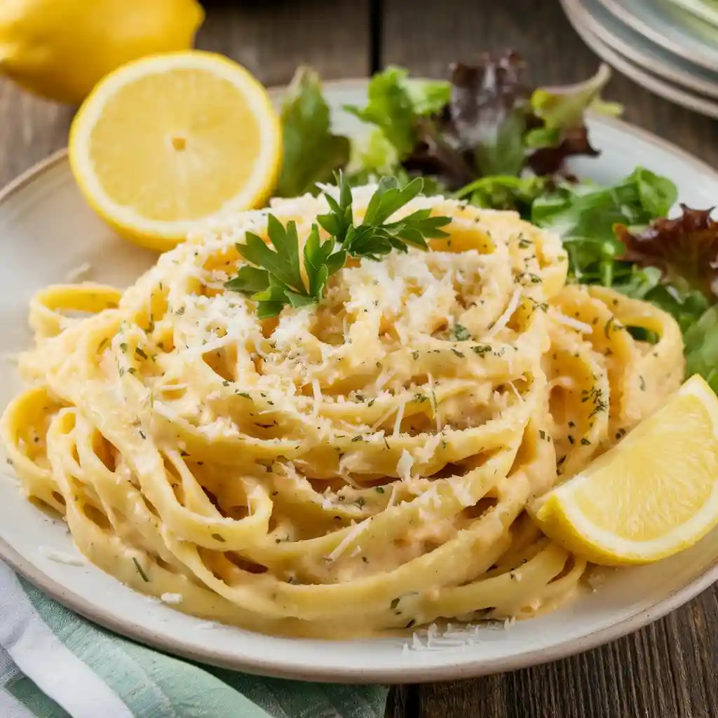 Lemon Parmesan Pasta with lemon wedges, parsley, and a side salad, served on a white plate with a rustic wooden table background.